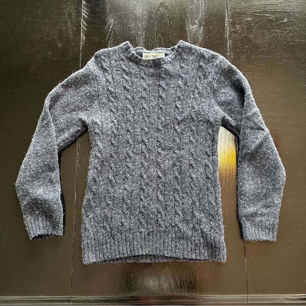 Retro Line of Trade Small Gray 100% Shetland Wool Cable Knit Crewneck Sweater